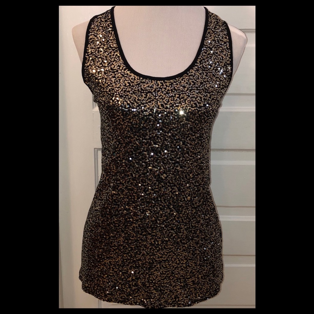 Premise Studio Sequin Front Black Racerback Tank, Sz S